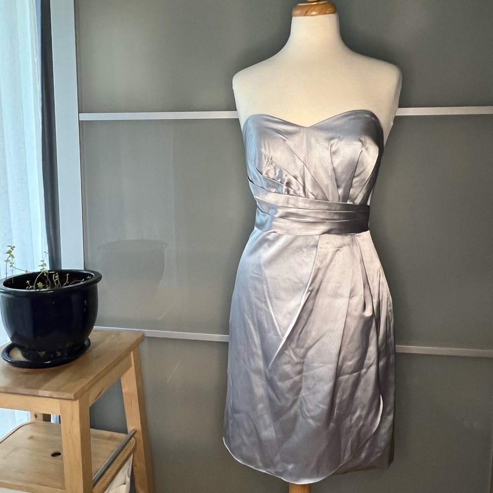 Amelia Couture Satin Strapless Cocktail Dress in Silver with optional straps